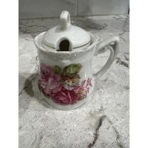 Vintage German Porcelain Hand Painted‎ Sugar Bowl With Lid -Pink Roses Design
